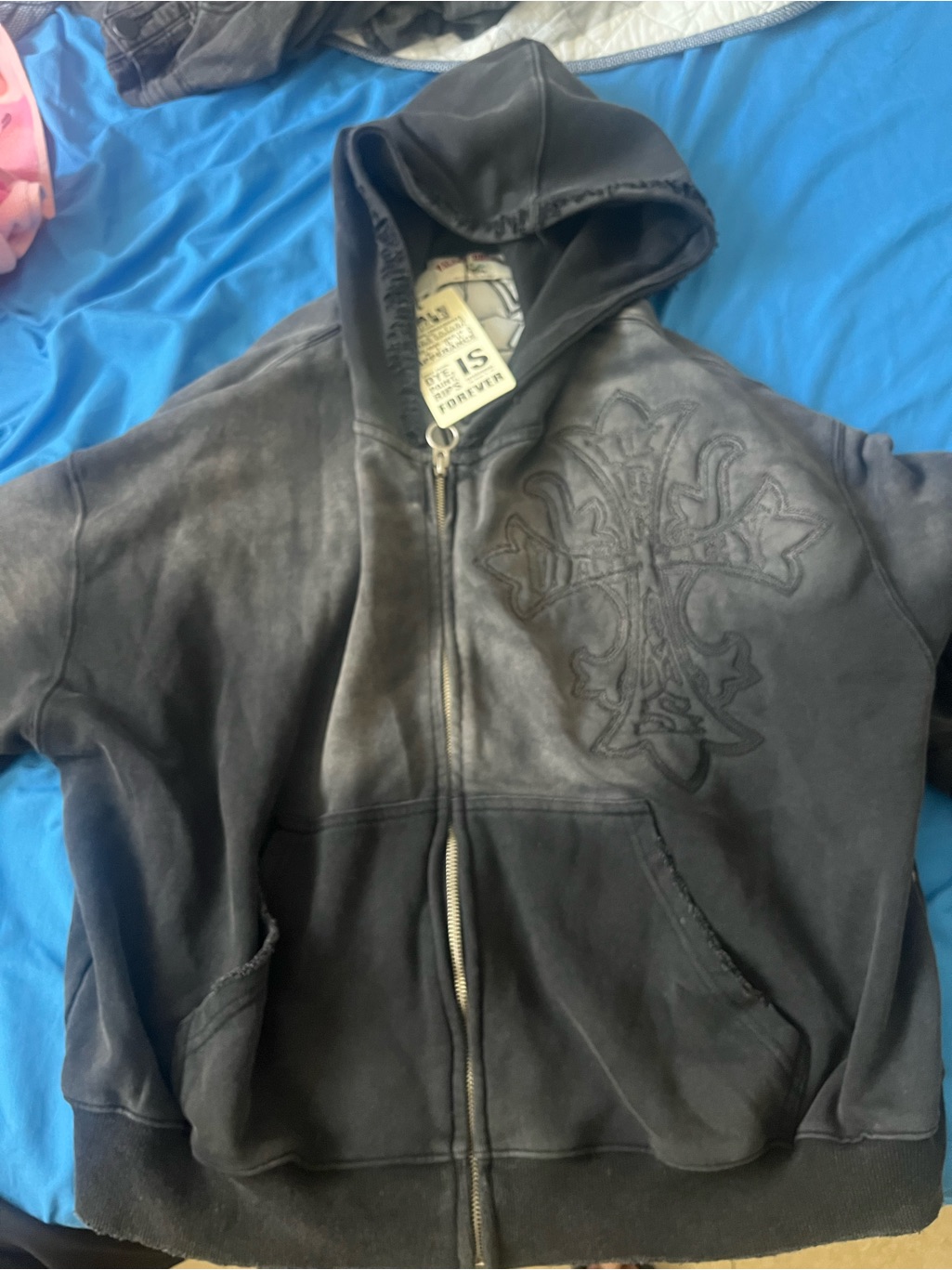 Men's Black Full-Zip Hooded Sweatshirt With Embroidered Cross Detail